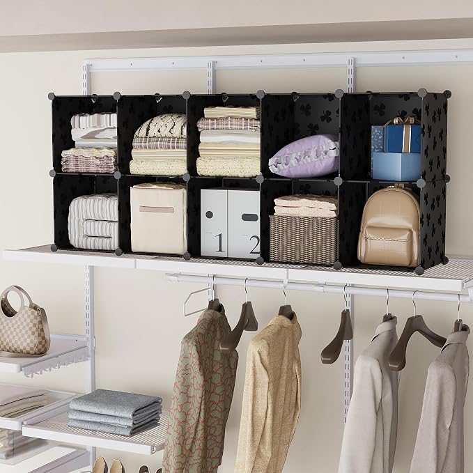 UNKU Cube Storage Organizer, 16 Cube Closet Organizer Storage Shelves, DIY Stackable Bookcase, Clothes Organizer Shelf for Closet, Bedroom, Living Room, Cabinet, Home, Office, Black