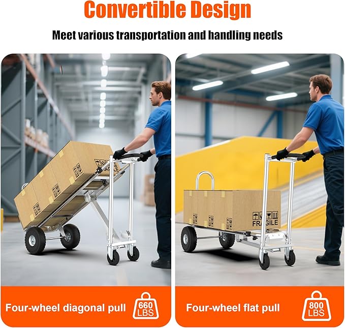 3in1 Convertible Hand Truck Dolly Cart, 880 lb Aluminum Hand Trucks Heavy Duty Furniture Appliance Dolly W/10 Wheels,Utility Shopping Cart for Transport & Moving Office, Home & Warehouse Use (Silver)