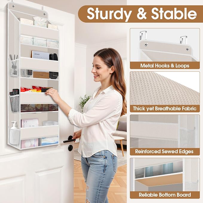 WISELIFE Over The Door Organizer Storage with 4 Large Pockets Door Hanging Organizer with Clear Windows behind The Door Storage for Nursery Bedroom Bathroom Pantry Closet and Baby Essentials Beige