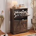 Semiocthome Farmhouse Shoe Storage Cabinet with 2 Flip Drawers, 23.6"(W) Freestanding Shoe Organizer with Barn Door and Metal Handles for Entryway, Corner Rustic Narrow Shoe Rack Cabinet - Walnut
