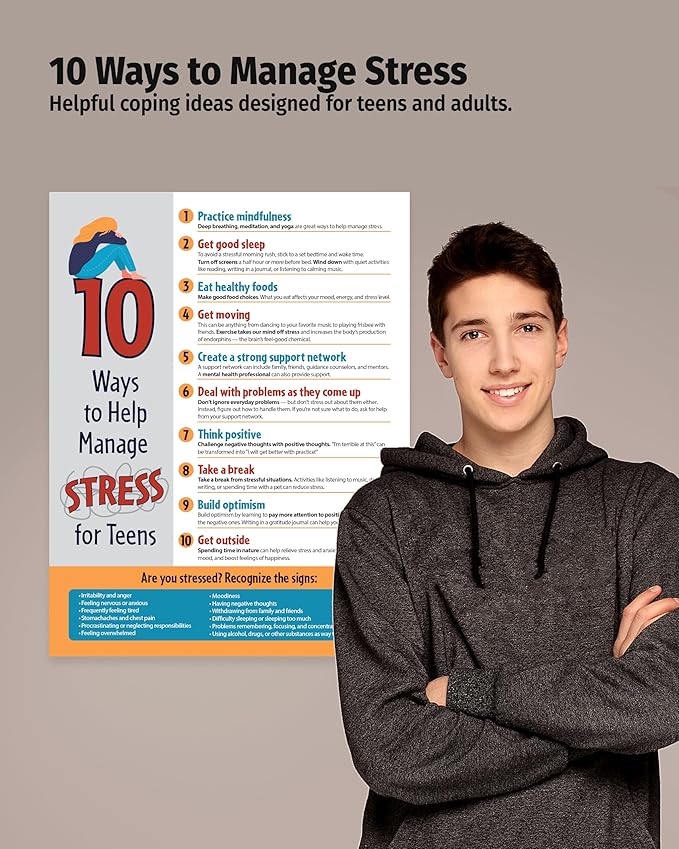 ZOCO – 10 Ways to Manage Stress – SEL & Mindfulness Poster for Teens (2-Pack) Laminated 17x22 – School Counselor & Therapy Office Decor