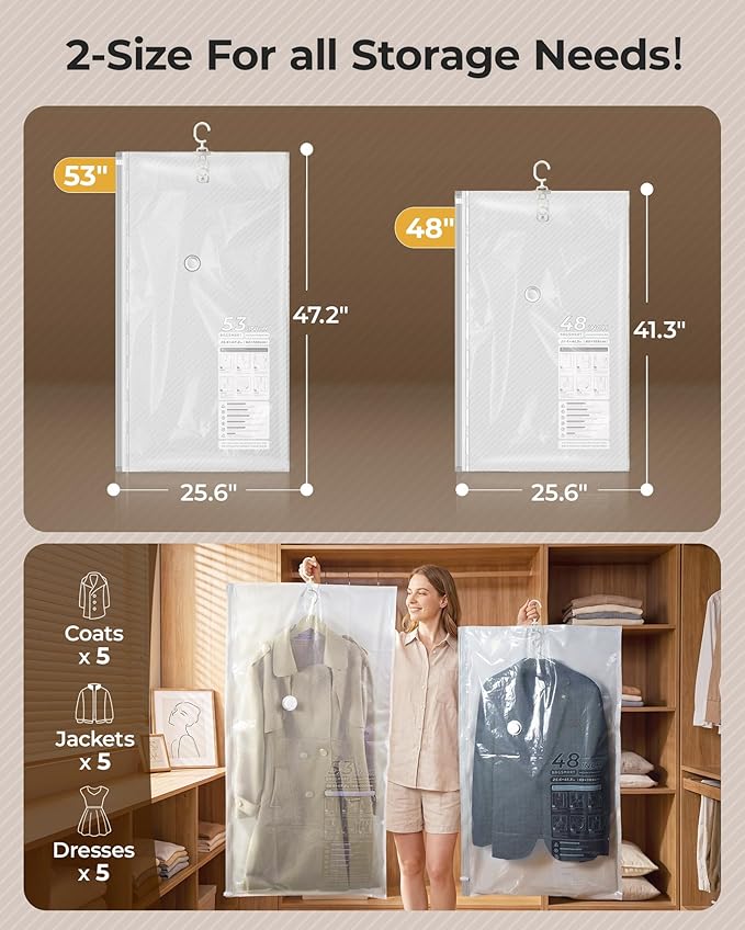 BAGSMART 4 Pack Hanging Vacuum Storage Bags for Clothes, Space Saver Bags for Closet Organization, Air-tight Vacuum Sealer Bags for Heavy Coats, Suits, Dresses, Jackets, Hand Pump Included