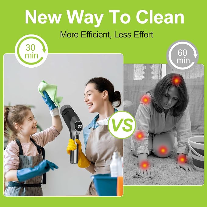 WKY-Electric Spin Scrubber - 10-in-1 Cordless Shower Scrubber & Cleaning Brush with Extendable Handle, 42 in-lbs Ultra High Torque, 2 Speeds, IPX7, LED Display, Smart AI Chip, for Bathroom, Kitchen