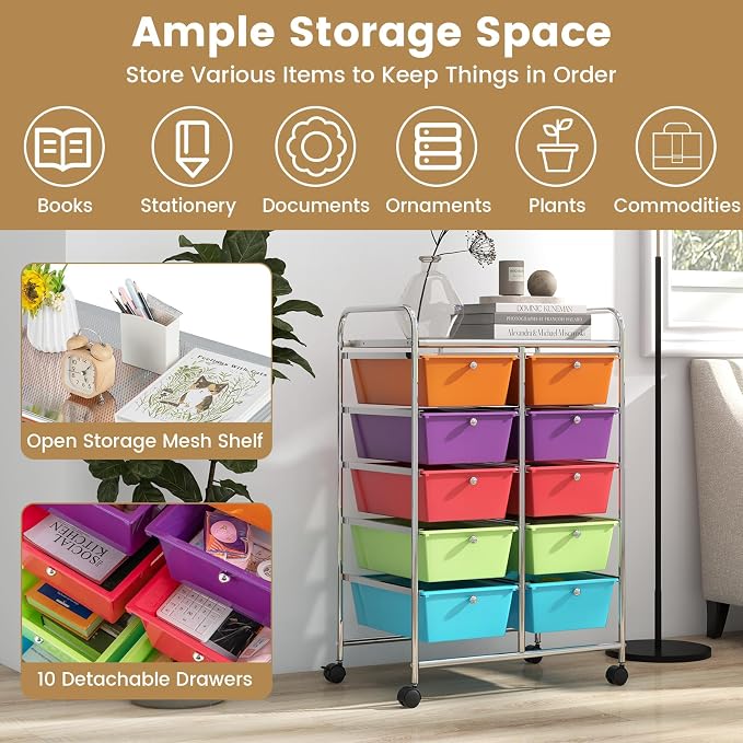 Moccha 10-Drawer Rolling Storage Cart - Storage Drawers Organizer with wheels for Craft Art Supply Paper Salon, Scrapbook Paper Tools, Under Desk Cabinet on Wheels for Classroom Office Home School