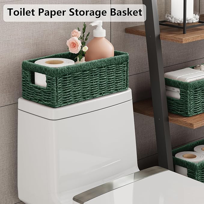 Vagusicc Wicker Storage Basket, Set of 2 Hand Woven Wicker Baskets for Organizing with Handles, Decorative Small Storage Bins for Countertop Toilet Paper Basket for Toilet Tank Top, Shelves, Green