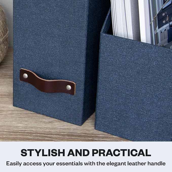 Bigso Box of Sweden Estelle Canvas Fiberboard Upright Magazine Holder and Organizer for Papers and Catalogs with Leather Handle - Magazine File Holder for Office Desks - 12.6in x 4.5in x 9.8in - Blue