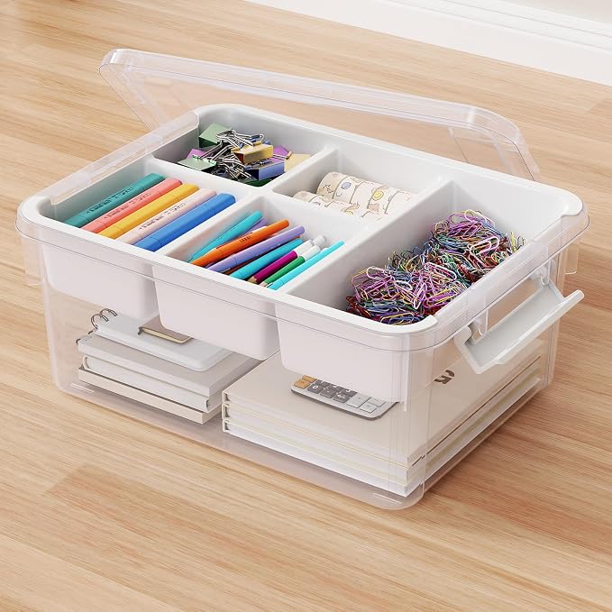 20Qt Stackable Storage Bin with Lid & Tray, Clear Plastic Latching Box Organizer with Divider Portable 5Gal Container for Arts & Crafts, Home and Car Trunk Organization, 1Pack