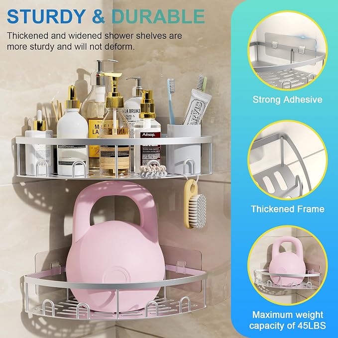 Corner Shower Caddy for Bathroom Storage,Silver,2 Pack | No Drilling Bathroom Shower Corner Shelves with Adhesive,Rustproof Shower Organizer
