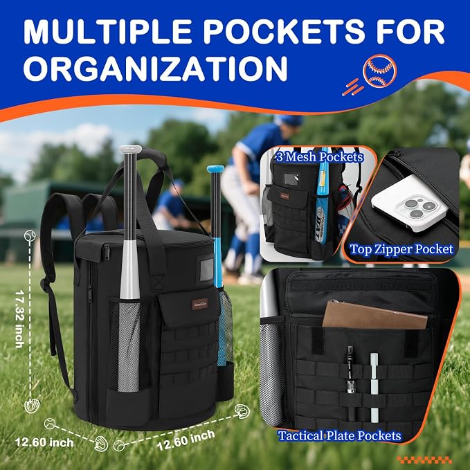 Baseball Bucket Backpack for 6 Gallon Bucket, Durable Softball Coaches Bag | Baseball Coaching Accessories Organizer with Pockets for 2 Bats, Gloves & Scoreboards, Tactical Gear for Practice & Games