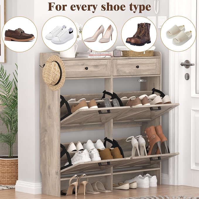 Thacuok Shoe Cabinet with 4 Flip Drawers & 2 Storage Drawers, Rustic Farmhouse Narrow Shoe Organizer Cabinet, Slim Shoe Rack Cabinet, Shoe Storage Cabinet for Entryway, Hallway, Front Door