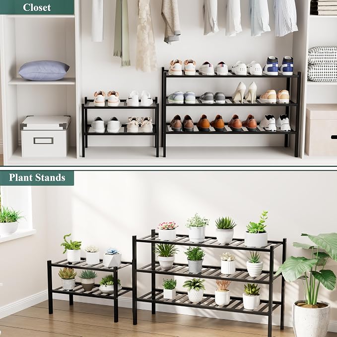 Smiry Small Bamboo Shoe Rack, 4 Tier Free Standing Wooden Shoe Organizer, Stackable Wood Shoe Storage Shelf for Closet, Entryway, 12 Vertical Slats, 2+2 Stack Standard Legs, 17.3"x11"x26", Black