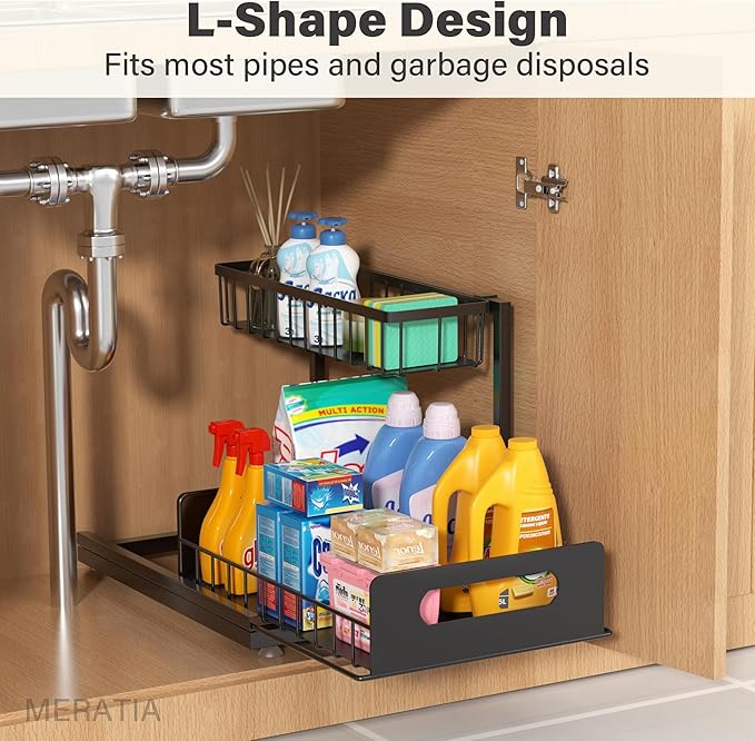 Under Sink Organizer 2 Tier, Pull Out Drawer Slides Under Sink Storage for Bathroom Kitchen,Multi-Purpose Drawer Under Cabinet Organizer for Cleaning Supplies (Black, 2 Pack)
