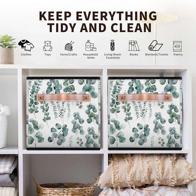 Green Eucalyptus Leaves Closet Storage Bin, Foldable Storage Baskets for Shelves, Decorative Shelf Organizer Eucalyptus Leaves Fabric Cube Bin for Living Room Bedroom Home Dorm