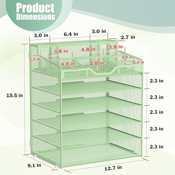 Docnest 6 Tier Mesh Desk Organizer for Paper Office Supplies – Multi-Functional Letter Tray with 5 Adjustable Compartments, 6 Pen Holders, Desktop Storage for Files, Mail, Stationery – Green
