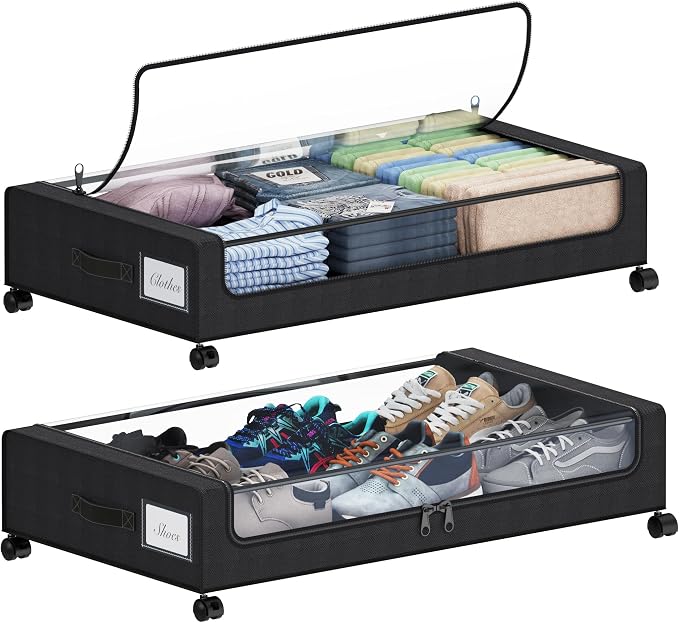 Tututry Under Bed Storage with Wheels, XXL 60L Under the Bed Storage Bins, Underbed Storage Containers with Lids & Label, Rolling Metal Drawer for Shoes, Clothes, Books, Toys (2-Pack Black)