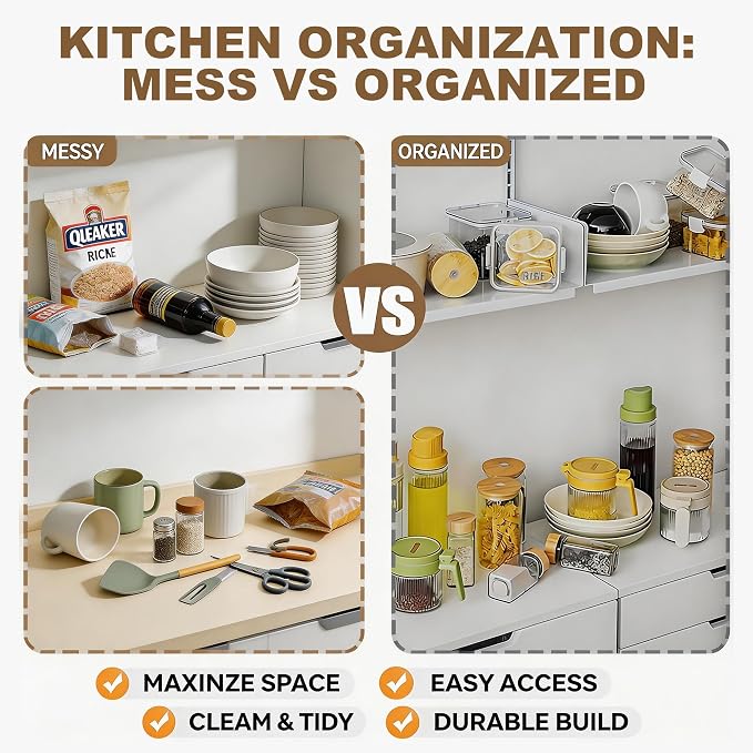 2 Pack Clear Acrylic Spice Rack, 5mm Thick Stackable Cabinet Shelf Riser, No Drill Wall Mounted Kitchen Organizer with Adjustable Feet, Multi-Purpose Storage for Pantry Countertop Bathroom Makeup