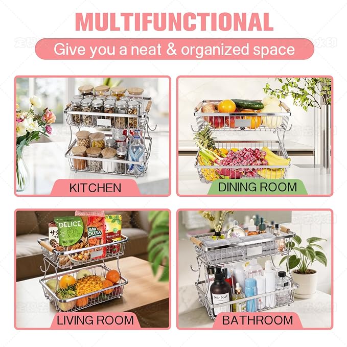 Fruit Basket Bowl 2 Tier Detachable with 2 Banana Hangers, Fruit Stand Holder for Kitchen Countertop, Metal Wire Vegetable Storage Organizer, for Bread Snack Veggies Produce, Chrome