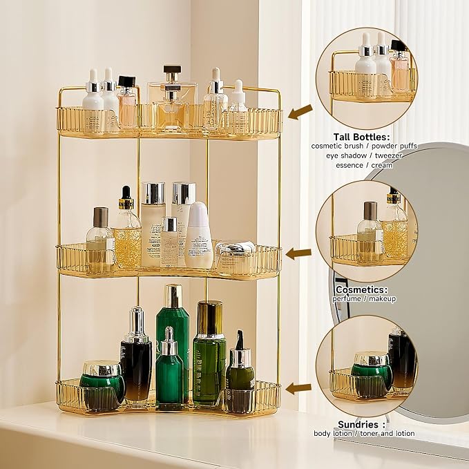 Ceruaxb 3-Tier Corner Bathroom Counter Organizer, Plastic Countertop Makeup Organizer, Large Capacity Vanity Bathroom Perfume Shelf Rack for Kitchen Office Desktop (Amber)