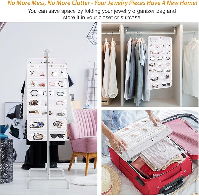 Freegrace Hanging Jewelry Organizer with Secure Zipper Closure - 360° Revolving Hanger, 25 Clear Pockets, 23 Necklace Hooks - Foldable Travel Storage & Closet Display (White)