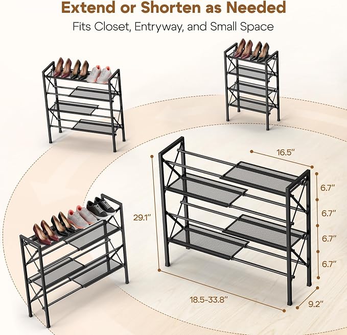 YEASHEIN 4-Tier Expandable Shoe Rack Organizer with Wire Mesh Shelf - Black | Sturdy Metal Shoe Shelf with 5-Tier Storage, Adjustable Shoe Stand, Free Standing Shoe Rack for Closet, Entryway, Garage