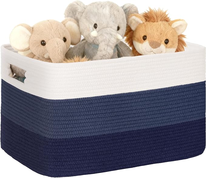 45L Small Woven Laundry Basket Hamper with Handles, Gradient Blue | 18"x14"x11", collapsible wicker hamper, storage for dirty clothes, toys, blankets, gifts, living room, bedroom, bathroom
