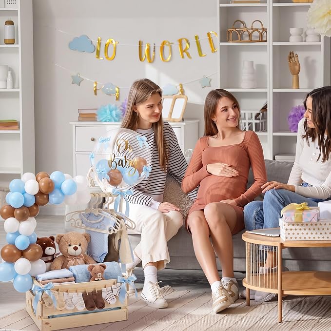 Wooden Baby Shower Crate Closet with Hanger Rack, Blue and Brown Bow Baby Gifts Basket with Balloon Accessories, DIY Babies Welcome Box for Pregnancy New Parent