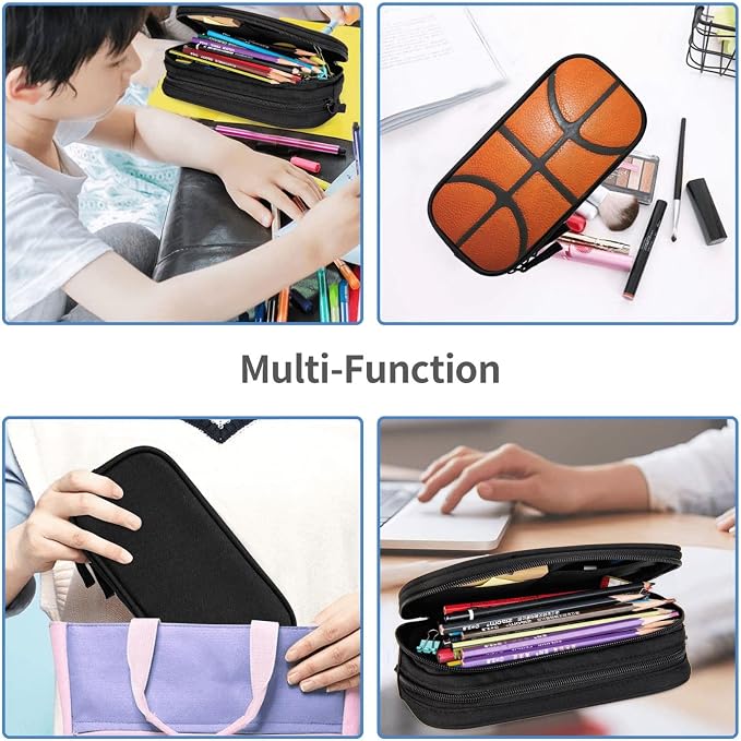 Perinsto Basketball Texture Pencil Case Big Capacity Multi Compartment Stationery Box Pencil Pouch Holder Desk Organizer For School Office Home