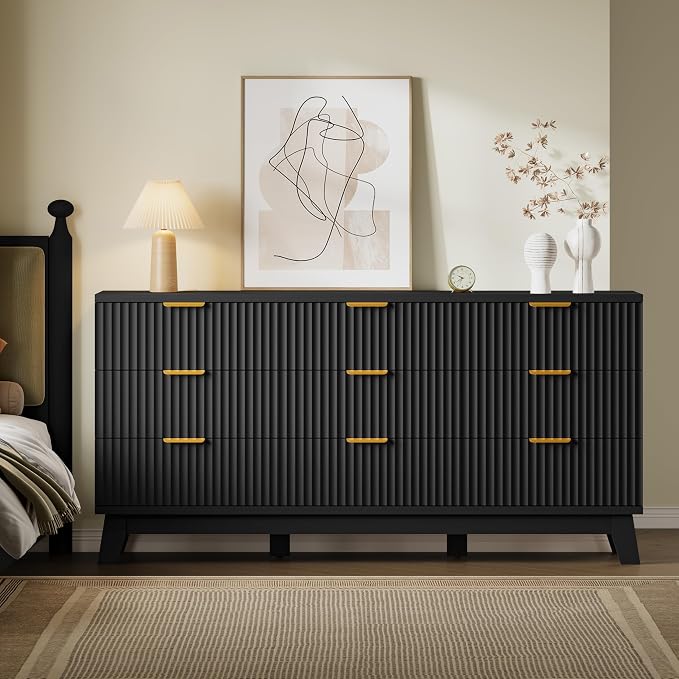 BORNOON Fluted 9 Drawer Dresser, 57.1" Wide Modern Boho Chest of Drawers, Wooden Storage Dresser TV Stand for Bedroom, Living Room, Closet, Hallway, Curved Profile Design
