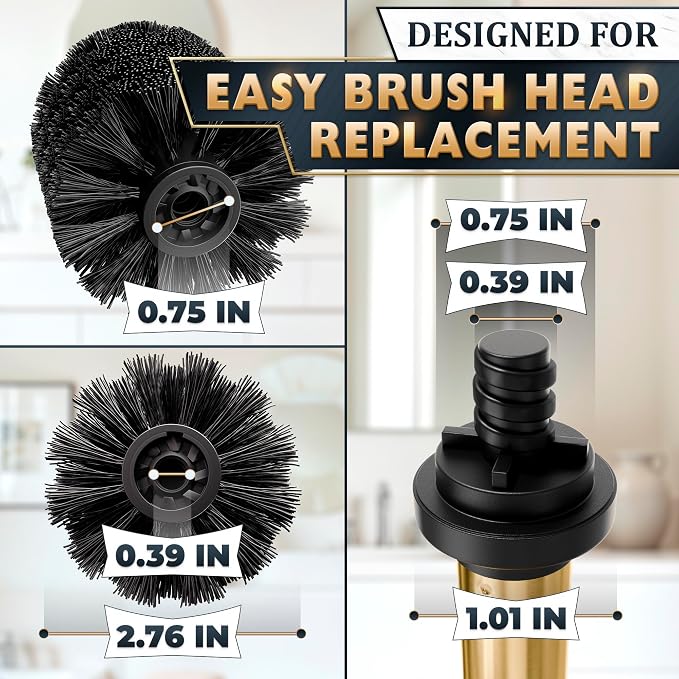 Gold Toilet Brush and Holder Set - Brushed Stainless Steel Gold Toilet Bowl Brush and Holder with Replaceable Head, Removable Inner Bowl, and Splash Protection - Dense Bristles for Thorough Cleaning