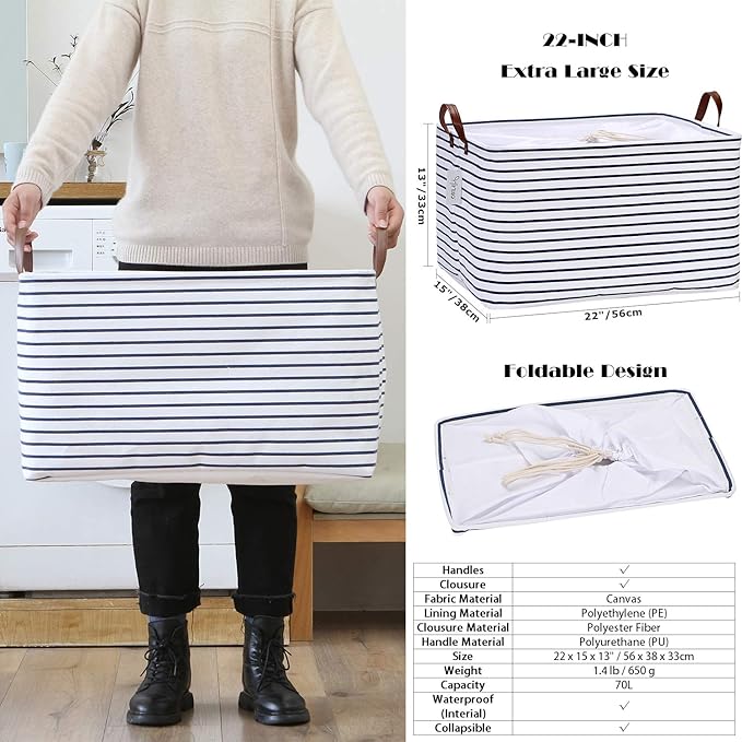 Hinwo 70L Extra Large Storage Bins, 6-Pack Closet Organizers and Storage, Foldable Clothes Storage Baskets with Handles, Containers for Clothing, Blanket, Comforters, Toys, Bedding (Gray Stripe)