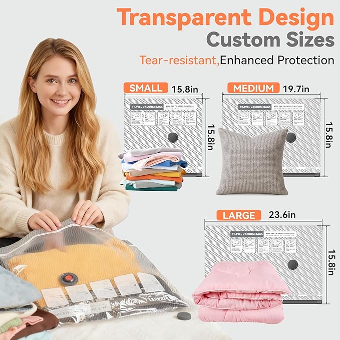 12 Pack Vacuum Bags for Travel with USB & TYPE C Pump,Compression Packing Cubes for Luggage,Carry-on Space Saver Vacuum Seal Bags&Vacuum Storage Bags for Vacation(Grey)