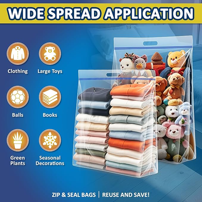 15 Gallon Large Resealable Storage Bags with Zipper Top，24" x 24" Heavy Duty Clear Bags with Handles, 4 Mil Thick, Perfect for Clothing, Pillows, Travel, and Moving (10 Packs)