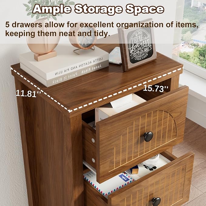 Lxsxlome 5 Drawer Dresser for Bedroom,Modern 44.68'' Tall Wood Chest of Drawers, Storage Organizer with Fluted Panel & Anti-Tip Kit for Closet, Hallway, Living Room,Nursery (Walnut, 5 Drawers)