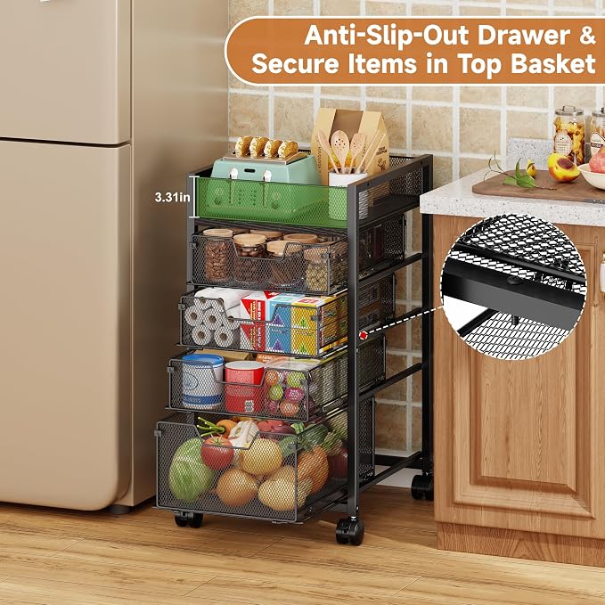 5-Tier Rolling Utility Cart with Adjustable Wood Top (Tabletop or Basket) | Metal Kitchen Storage Cart - Fruit Vegetable Storage Rack with Wheels & 4 Drawers,, Pantry Snack Cart for Cans, Craft, Art