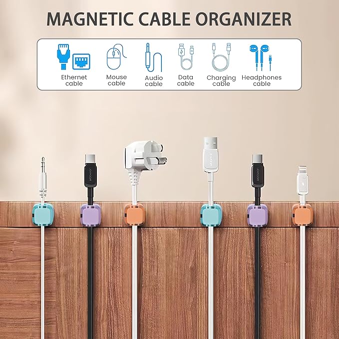 6 Pack Magnetic Cord Organizer & Cable Clips - Adjustable Under Desk Cable Management, Adhesive Wire Holder for Home, Office, Phone, Car, Wall, and Nightstand (Black)