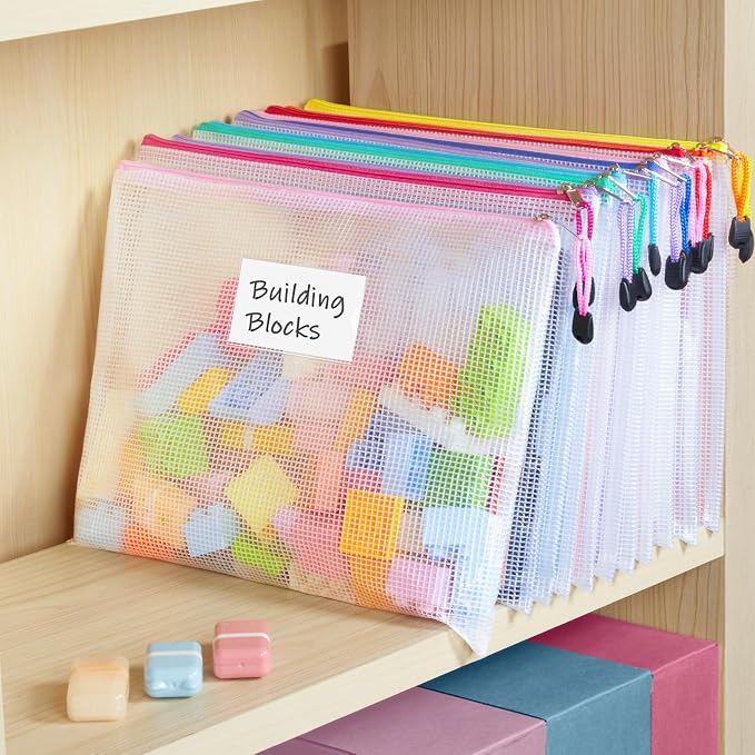 Sooez 32 Pack Mesh Zipper Pouch Bags, A4 Letter Size, Zipper Bags with Label Pocket, Waterproof Bag for Classroom Organizer, School Office Teacher Supplies, Storage Pouches for Board Game Toy Storage