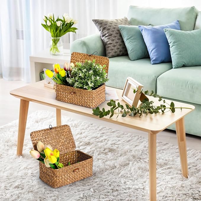 Natural Seagrass Storage Baskets with Lid,Multipurpose Home Organizer Bins Boxes for Shelf Organizer,Decorative Storage Bins- 12'' x 7'' x 6''