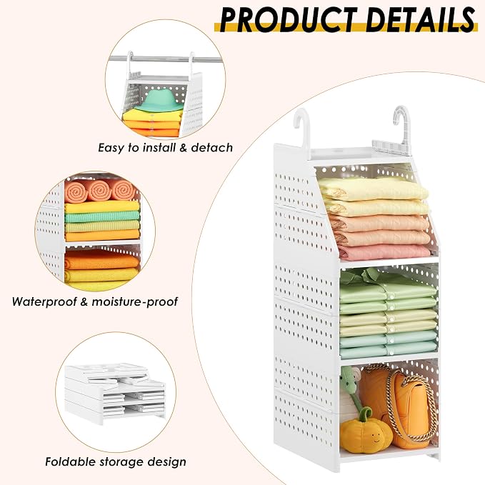 Honkazita 3-Tier Foldable Hanging Closet Organizer, Free-Standing | Closet Hanging Organizer for Wardrobe, Laundry Room, Plastic Hanging Closet Shelves for Clothes, Handbags, Accessories (White)