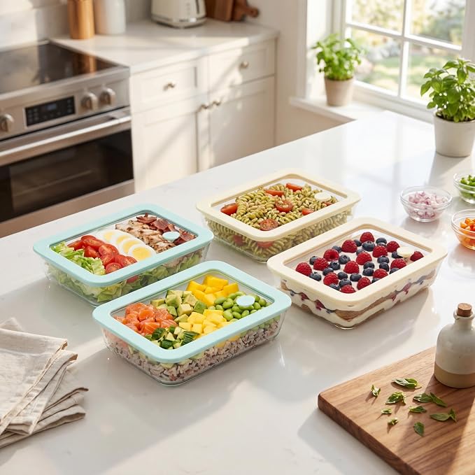Urban Green Glass Food Container Set with Glass Lid, 4 Pack, Food Storage Containers with Airtight Lid, LeakProof, 100% Plastic Free, Meal Prep Container Set