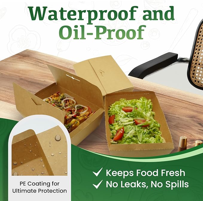 Holotap Disposable Kraft Paper To Go Containers With Lids,Microwaveable and Grease Resistant Cardboard Lunch Boxes,Meal Prep Containers Reusable for Restaurant, Kitchen,and Party (50 Pcs-65Oz)