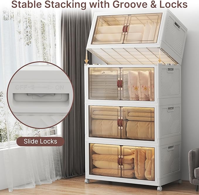 UAMFURI Stackable Storage Bins with Lids, 720QT Closet Organizers, Lockable Storage Cabinet，Foldable Storage Box with Doors and Wheels, Plastic Drawers for Home, Garage, Office (4, White, Extra Large)