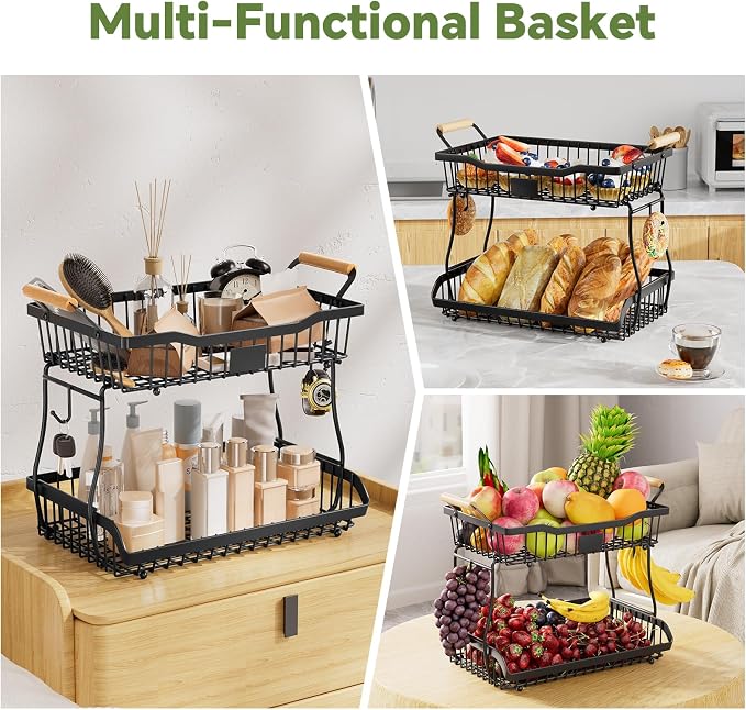 Simple Trending Fruit Basket 2-Tier Detachable, with Banana Hangers & Rust-Proof Metal Mesh, Ventilated Kitchen Organizer for Countertop, Perfect for Fruits, Vegetables, Snacks Storage