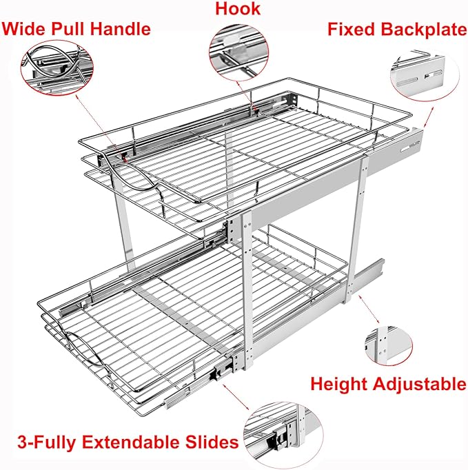 Sikarou Pull Out Cabinet Organizer 23" W x 21" D 2-Tier Individual Slide Out Drawer Pantry Shelf Storage for Kitchen Base Cabinet Organization for Kitchen, Bathroom, Pantry, Chrome