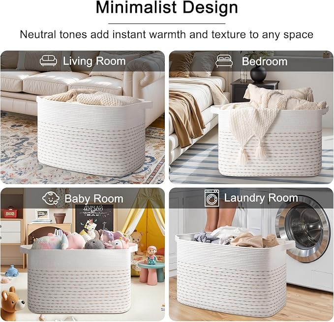 OIAHOMY 108L Extra Large Blanket Basket, 25”x16”x16” Rectangle Woven Cotton Rope Baskets for Living Room, Toy Storage with Handle- Light Yellow & White