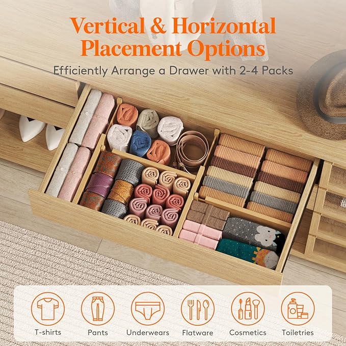 Lifewit 4" High 5 Pack Bamboo Drawer Dividers 31-40cm/12-16 Adjustable Wooden Drawer Organizer for Clothes/Utensils, Expandable Drawer Separator for Dresser/Kitchen/Bedroom/Office Organization