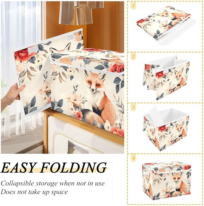 Flower-like Fox Lidded Storage Bins with Handles - 16.5"x12.6"x11.8" Foldable Organizing Box, Oxford Fabric & Honeycomb Board, Dust-Proof Flip Lid for Closet/Office