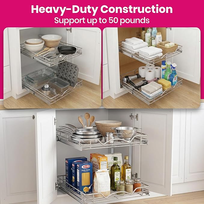 2-Tier Pull-Out Cabinet Organizer with Heavy-Duty Steel Frame, Full-Extension Sliding Shelves, Holds 100 lbs, Easy Install for Kitchen, Pantry & Under Sink Cabinets, 11" W x 21”D x 16.5" H
