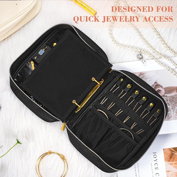Travel Jewelry Organizer for Women, Jewelry Organizers and Storage with Detachable Zipper Pouches, Tangle-Free Jewelry Travel Case for Necklaces, Earrings, Rings & Bracelets, Black
