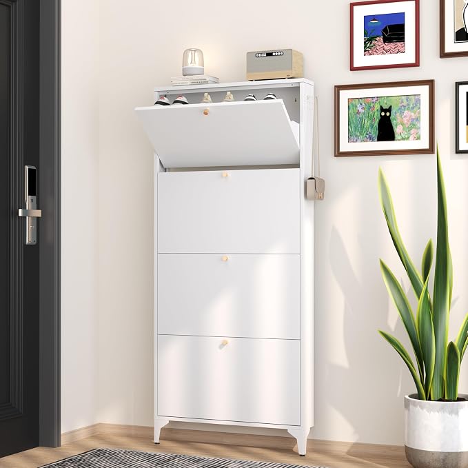 Shoe Cabinet with 4 Flip Drawers-Metal Narrow Shoe Rack for Entryway,Hallway,Living Room-Hidden Metal Shoe Cabinet-Freestanding Shoe (4 Door Width 27.56, White)