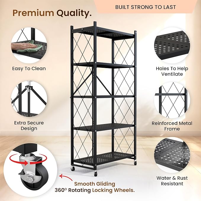 Our Modern Space 5-Tier Foldable Storage Shelf with Wheels | Metal Rack Collapsible Shelving Display | Rolling Cart for Books Kitchen Storage Shelves | Pantry & Closet Organizer | Office Room Decor